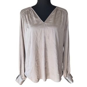 White House Black Market V Neck Blouse Womens M Taupe Minimalist Work Career